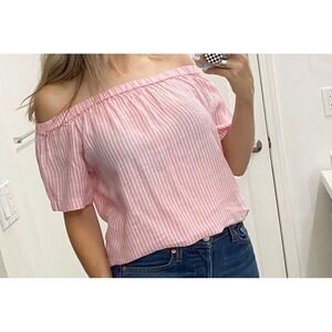 J. Crew Pink White Striped 100% Linen Off the Shoulder Top G3559 M